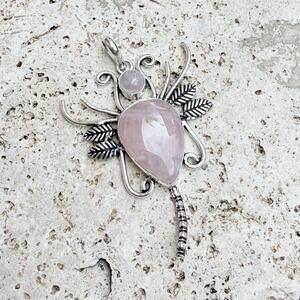 Rose Quartz Butterfly Pendant 925 Silver Overlay